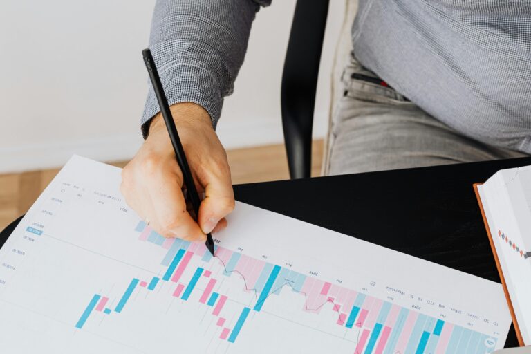 Detailed financial graph showing analysis by a person with a pen indoors.